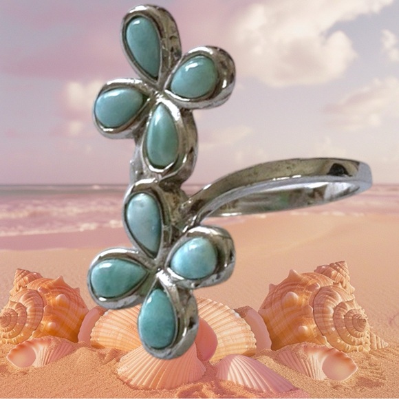 Sterling Silver Genuine Larimar Floral Ring, Size 6. - Picture 3 of 16